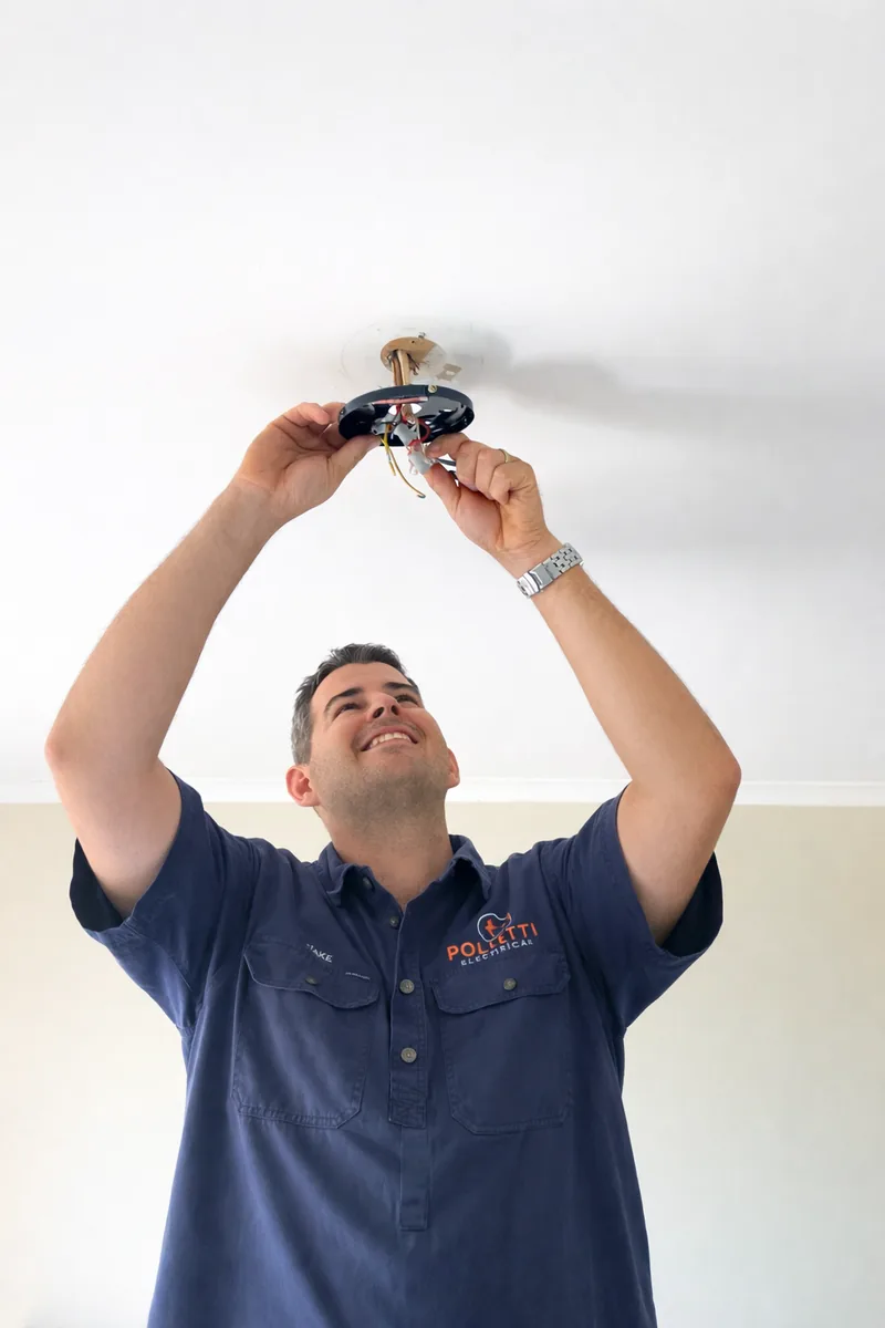 Jake Poletti installing a ceiling light